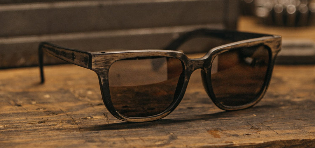 Distressed Dark Walnut*Grey + Distressed Dark Walnut*Grey Polarized | Shwood Prescott Wood Sunglasses Distressed Dark Walnut